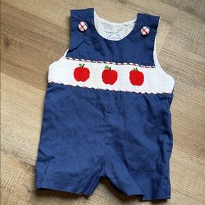 Navy Blue Bodysuit Smock with Red Apple Embroidered Design